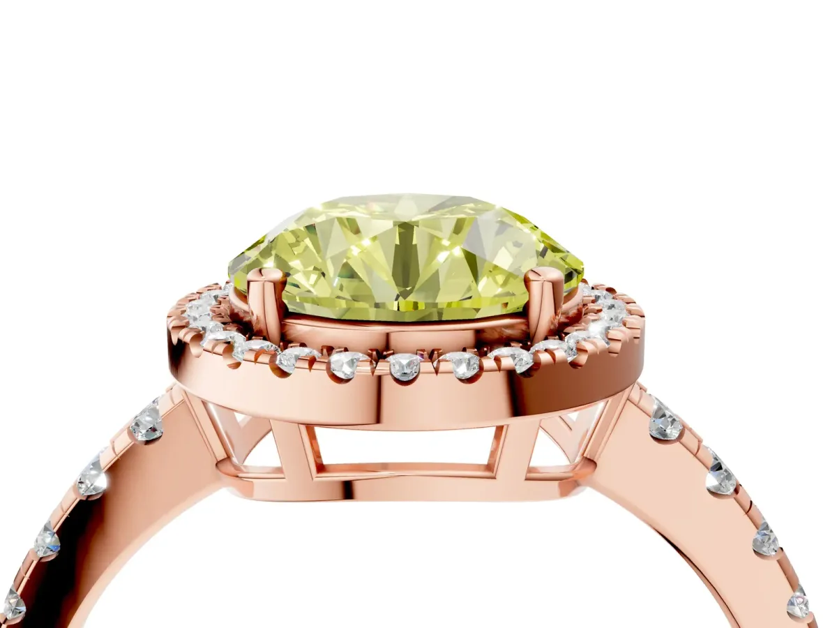 Fancy Yellow Round Cut Diamond Halo Ring with Pavé Band and Four-Prong Setting Rose gold