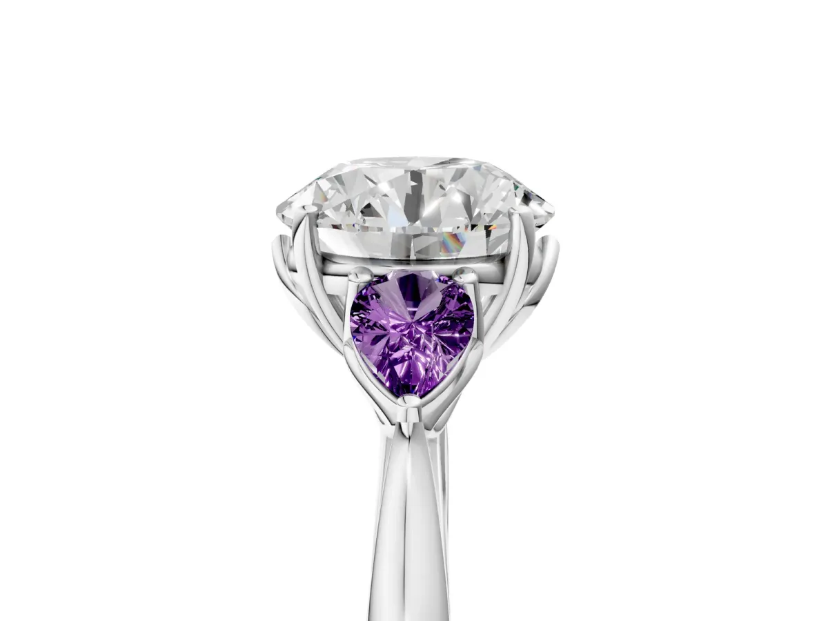 Round Cut Diamond Three-Stone Ring with Pear Amethyst Side Stones and Prong Setting Silver