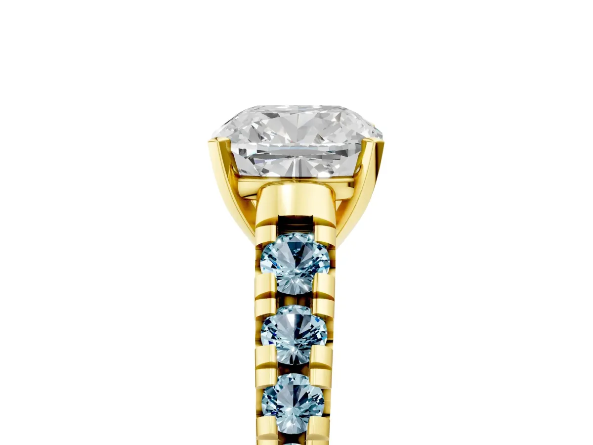 Cushion Cut Diamond Cathedral Solitaire Ring with Round Aquamarine Pavé Band Yellow gold
