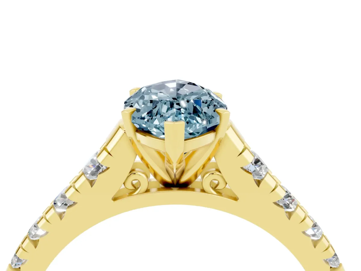 Marquise Cut Aquamarine Cathedral Solitaire Ring with Round Pavé Band Yellow gold