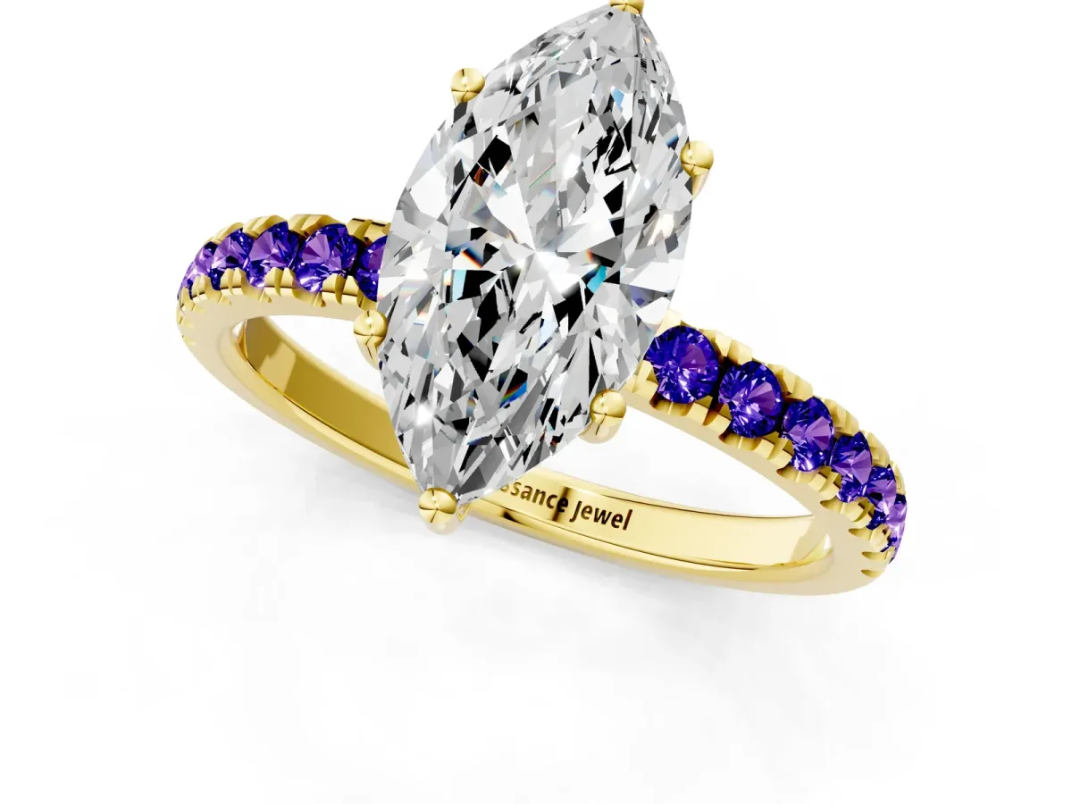 Marquise Cut Diamond Pave Band Solitaire Ring with Round Tanzanite and Prong Setting Yellow gold