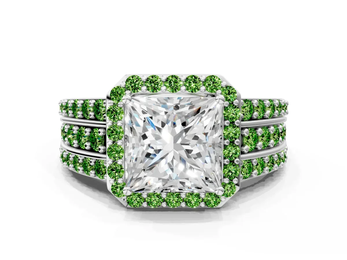 Princess Cut Halo Diamond Ring with Round Peridot Split Shank and Prong Setting White gold