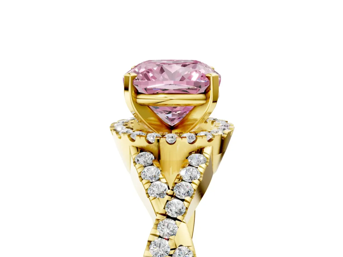 Fancy Pink Cushion Cut Diamond Halo Twist Band Solitaire Prong Setting Ring Yellow gold
