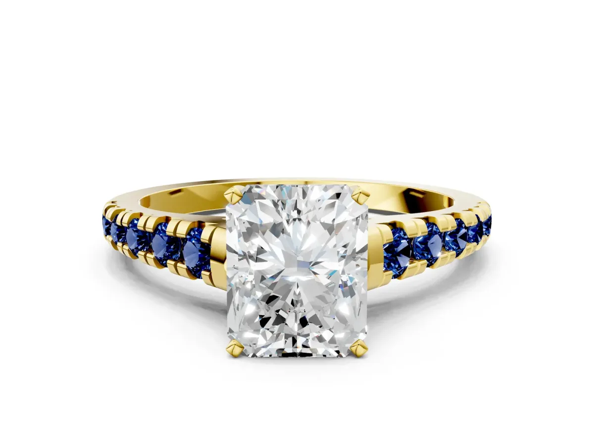 Radiant Cut Diamond Cathedral Solitaire Ring with Round Blue Sapphire Pavé Band Yellow gold