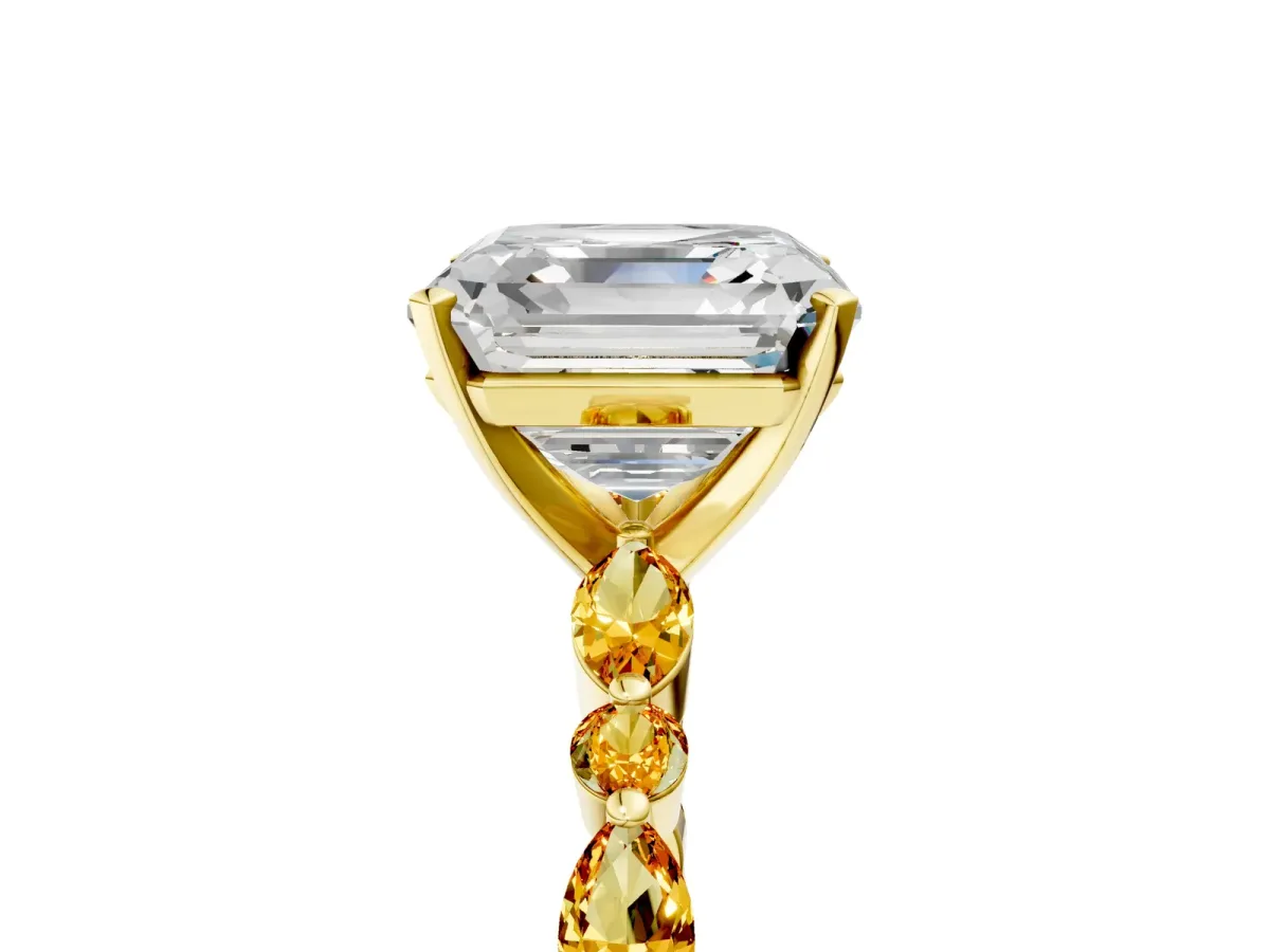 Asscher Cut Diamond Ring with Marquise and Round Citrine Side Stones and Four-Prong Setting Yellow gold