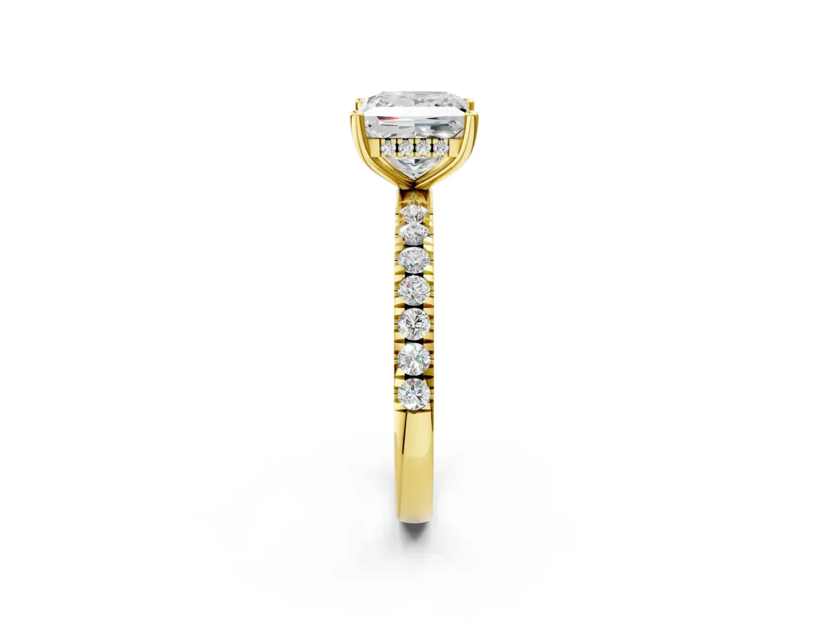 Princess Cut Diamond Pave Band Solitaire Ring with Round Moissanite and Prong Setting Yellow gold