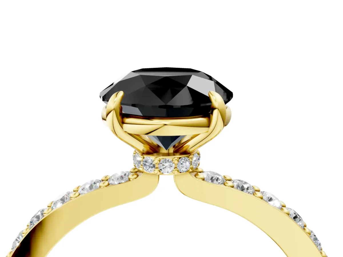 Fancy Black Round Cut Diamond Solitaire Engagement Ring with Pavé Band and Four-Prong Setting Yellow gold