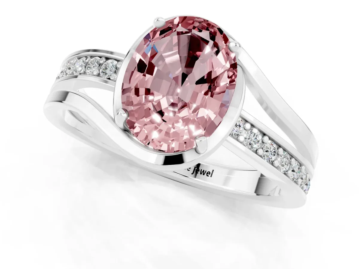 Oval Cut Morganite Solitaire Ring with Split Shank and Prong Setting White gold