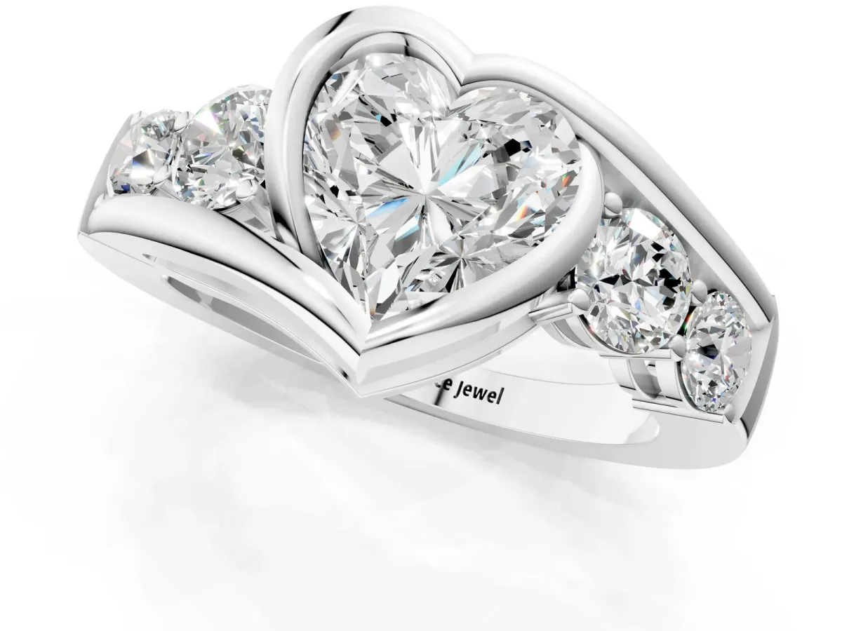 Bezel Set Heart Cut Diamond Bypass Ring with Round Accents White gold