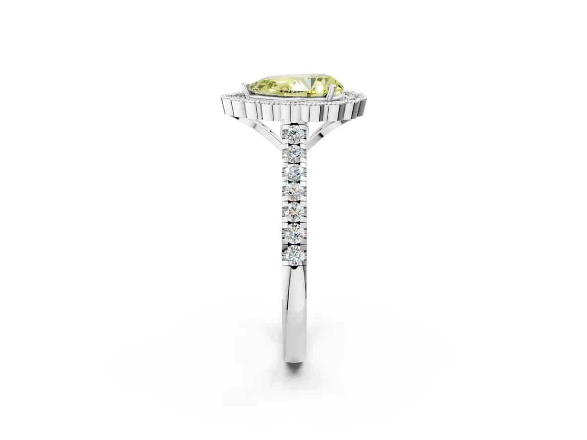 Fancy Yellow Pear Cut Cut Diamond Milgrain Floral Halo Engagement Ring with Pavé Band Silver