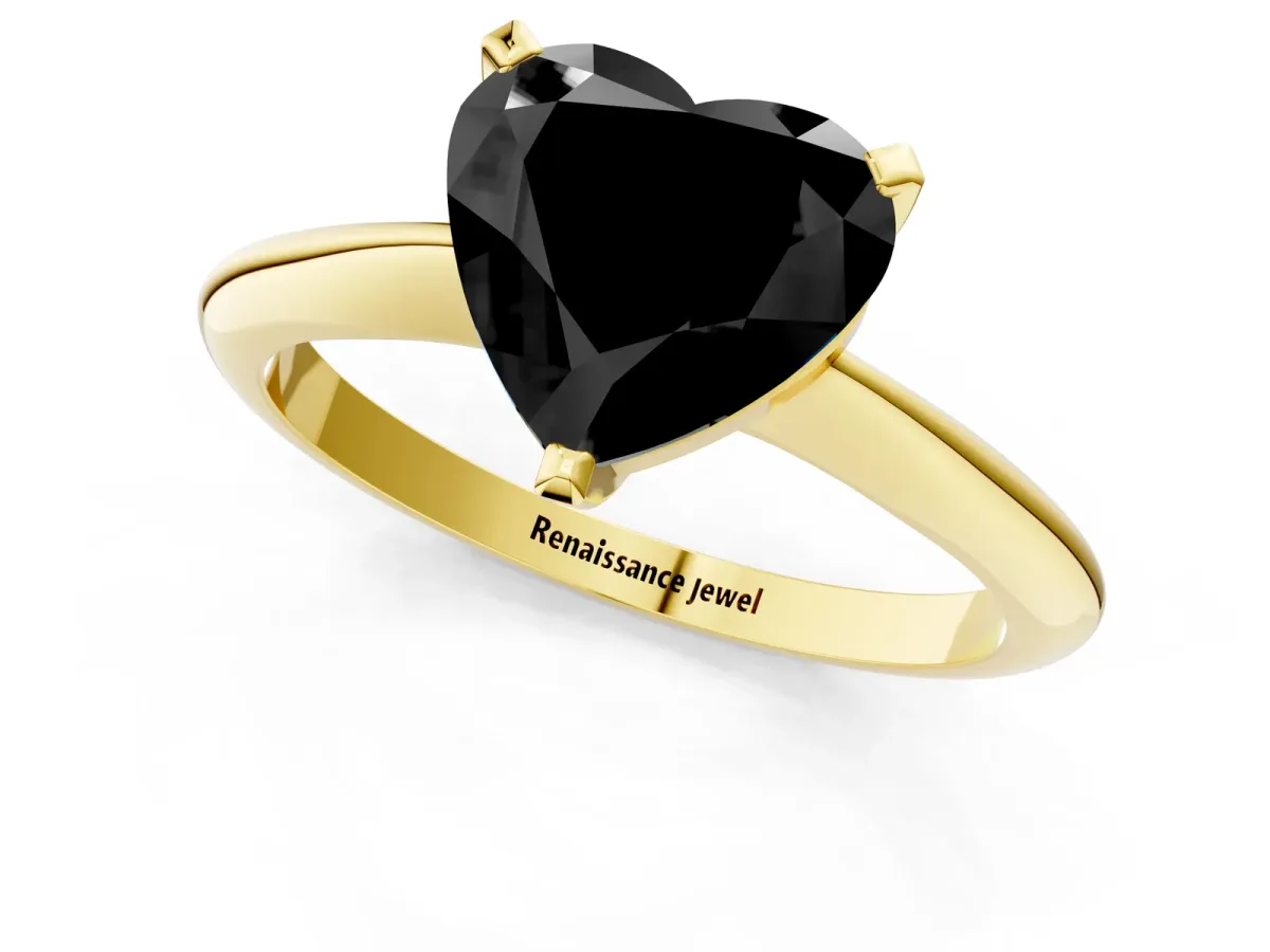 Fancy Black Heart Cut Diamond Solitaire Engagement Ring with Classic Band and Four-Prong Setting Yellow gold