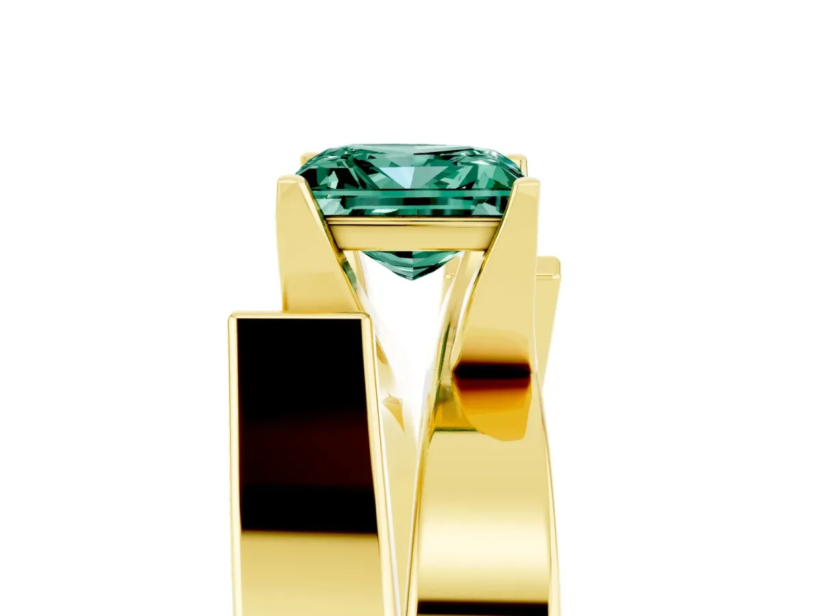 Modern Tension Set Princess Cut Green Sapphire Solitaire Wide Band Ring Yellow gold