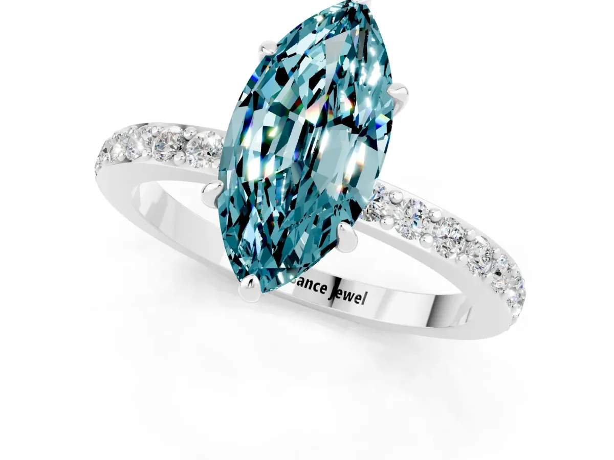 Marquise Cut Blue Topaz Solitaire Engagement Ring with Pavé Band and Four-Prong Setting White gold