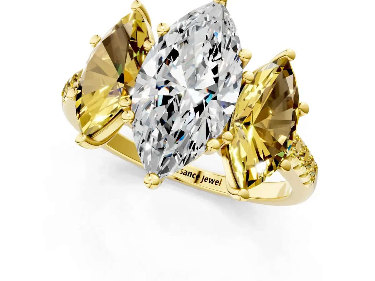 Three-Stone Marquise Cut Diamond Ring with Round Yellow Sapphire Pavé Band and Prong Setting Yellow gold