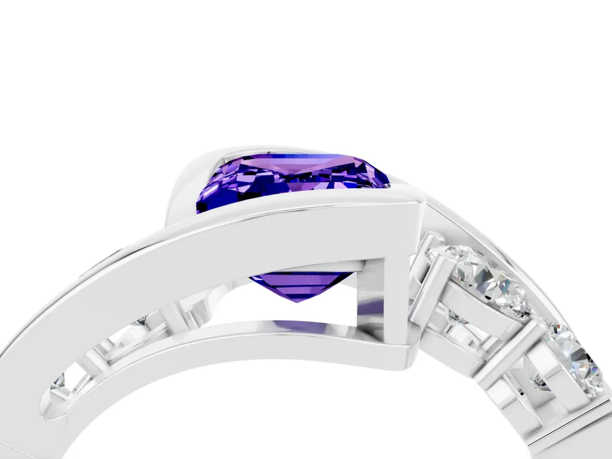 Bezel Set Emerald Cut Tanzanite Bypass Ring with Round Accents Silver