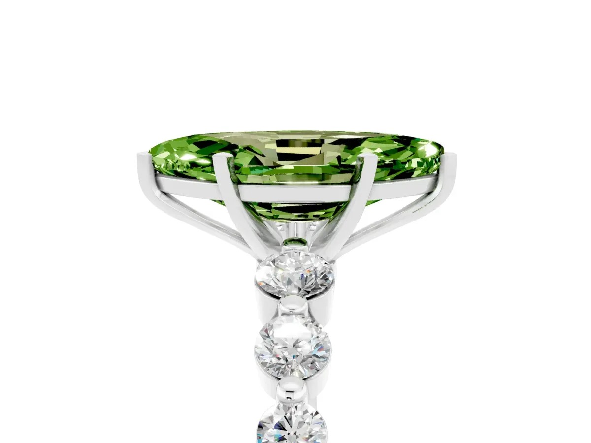 Marquise Cut Solitaire Peridot Ring with Pave Band and Four-Prong Setting Silver