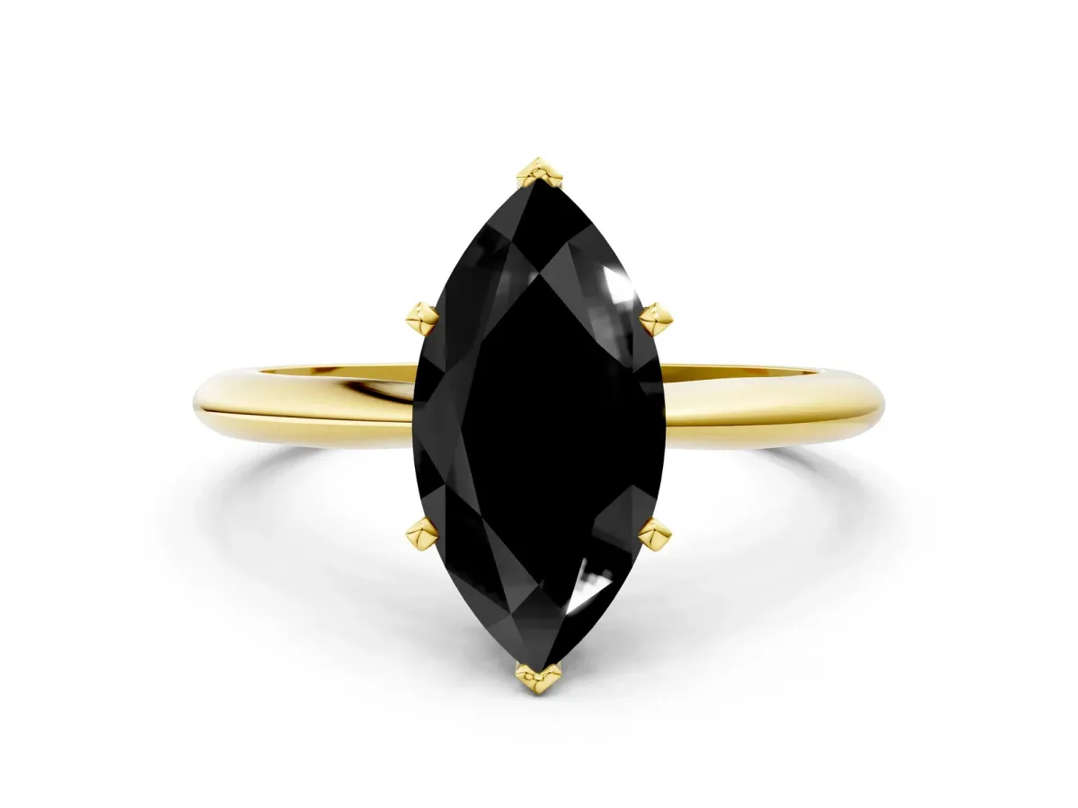 Fancy Black Marquise Cut Diamond Solitaire Engagement Ring with Classic Band and Four-Prong Setting Yellow gold