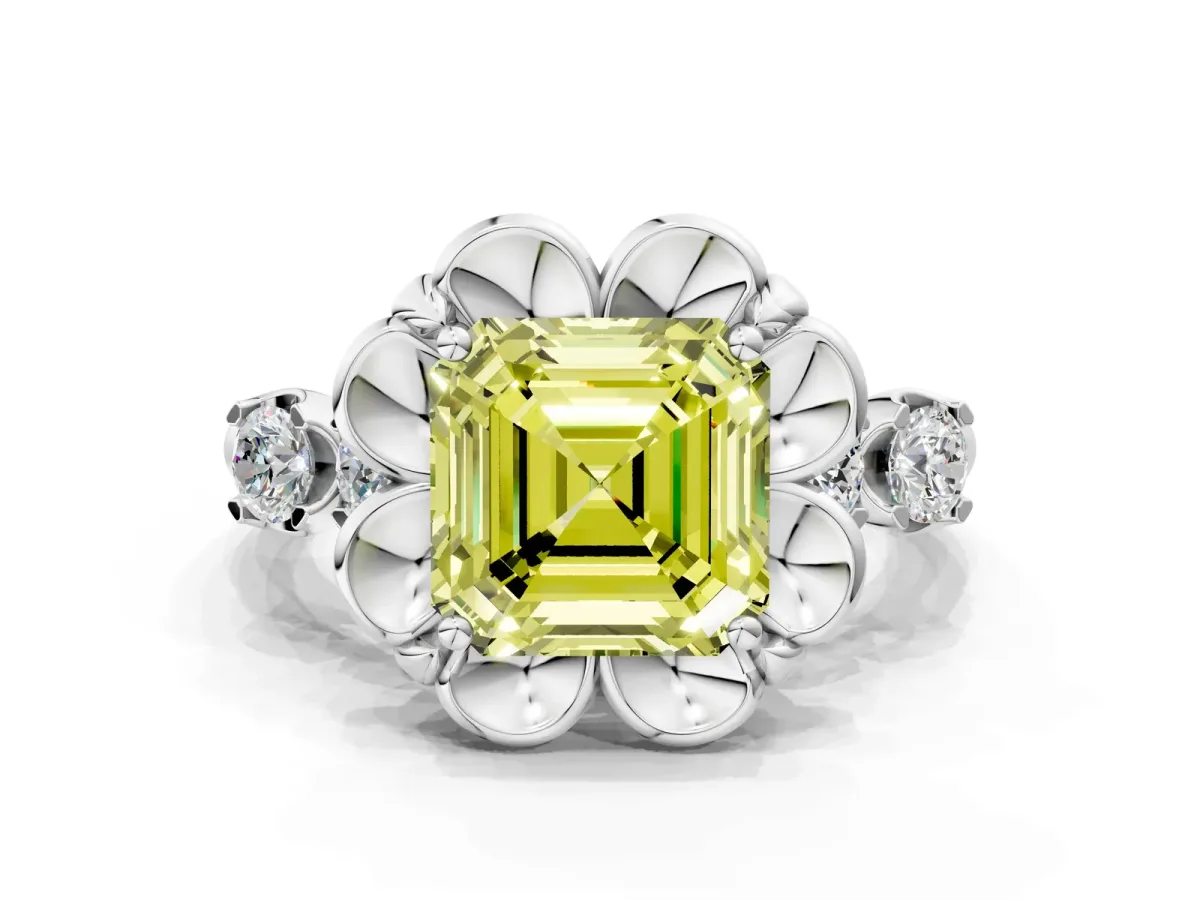 Fancy Yellow Asscher Cut Cut Diamond Floral Halo Engagement Ring with Shared Prong Setting Silver