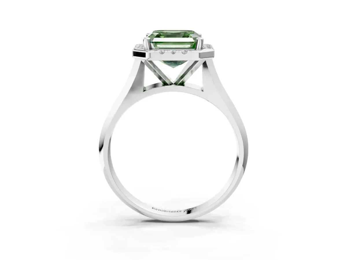 Fancy Green Asscher Cut Cut Halo Solitaire Engagement Ring with Square Band and Four-Prong Setting White gold