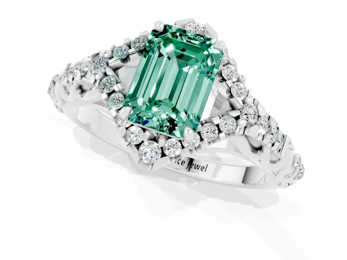Emerald Cut Green Sapphire Solitaire Ring with Hidden Halo and Pavé Band White gold