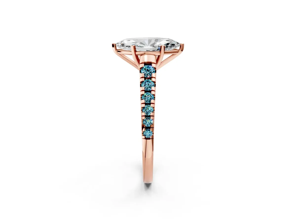 Marquise Cut Diamond Cathedral Solitaire Ring with Round Blue Topaz Pavé Band Rose gold