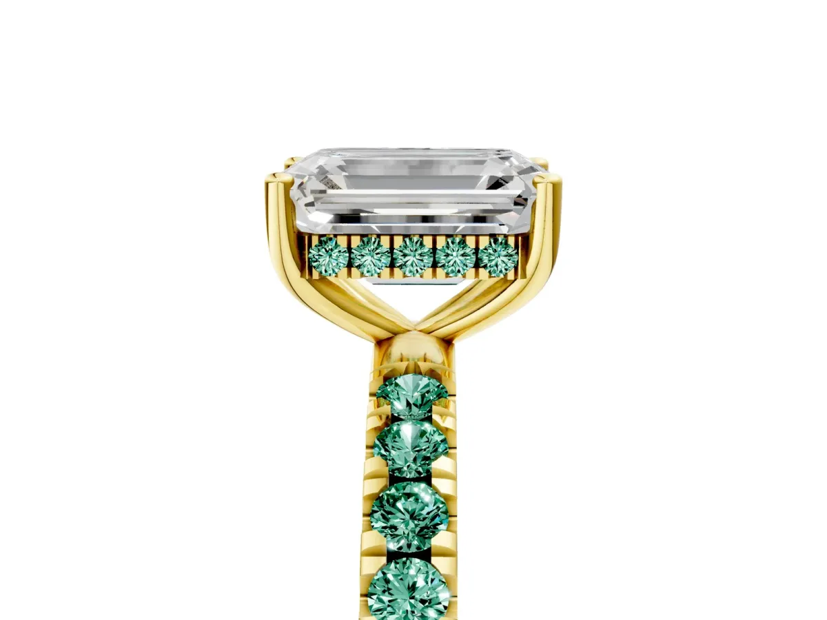 Emerald Cut Diamond Pave Band Solitaire Ring with Round Green Sapphire and Prong Setting Yellow gold