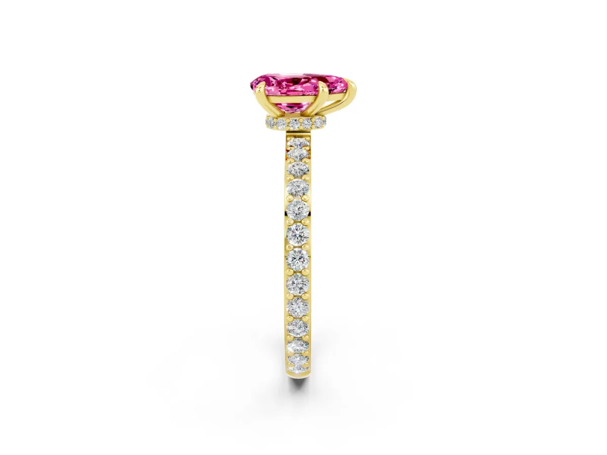 Pear Cut Pink Sapphire Solitaire Engagement Ring with Pavé Band and Four-Prong Setting Yellow gold