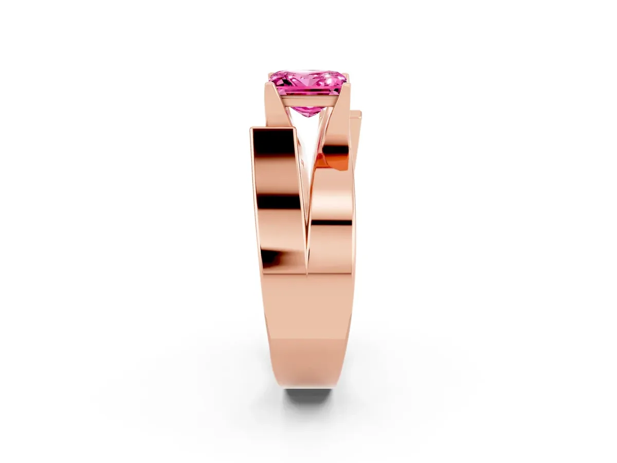 Modern Tension Set Princess Cut Pink Sapphire Solitaire Wide Band Ring Rose gold