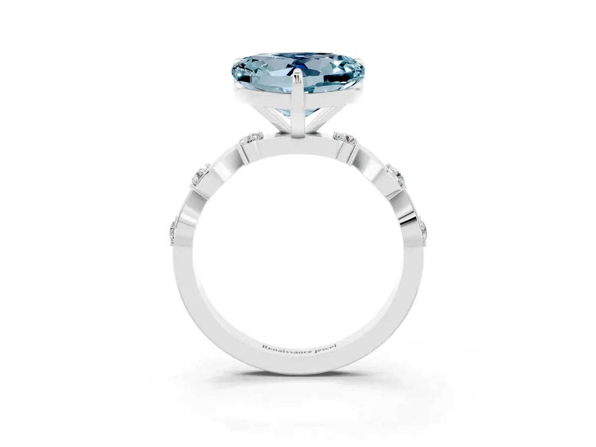 Heart Cut Aquamarine Solitaire Twisted Band with Round Accents and Prong Setting Platinum