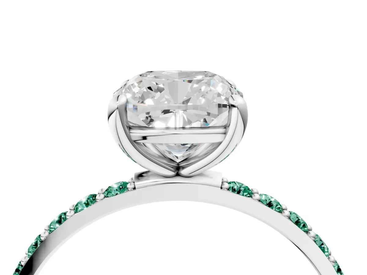 Cushion Cut Diamond Solitaire Ring with Round Green Sapphire Pavé Band and Prong Setting White gold