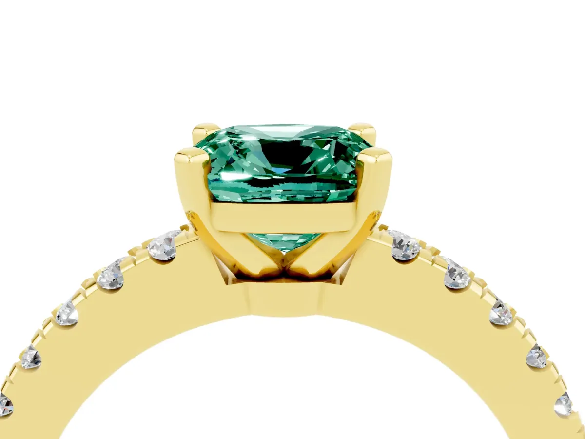 Cushion Cut Solitaire Green Sapphire with Pavé Band and Four-Prong Setting Yellow gold