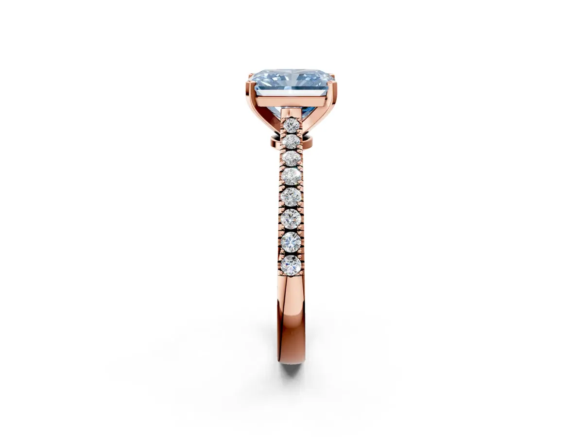 Fancy Blue Radiant Cut Cut Solitaire Diamond Engagement Ring with Pave Band and Four-Prong Setting Rose gold