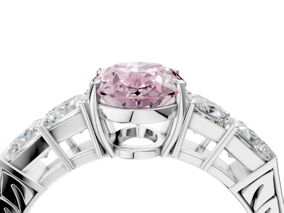 Fancy Pink Oval Cut Solitaire Princess Side Stone Engraved Band Prong Setting Ring Silver