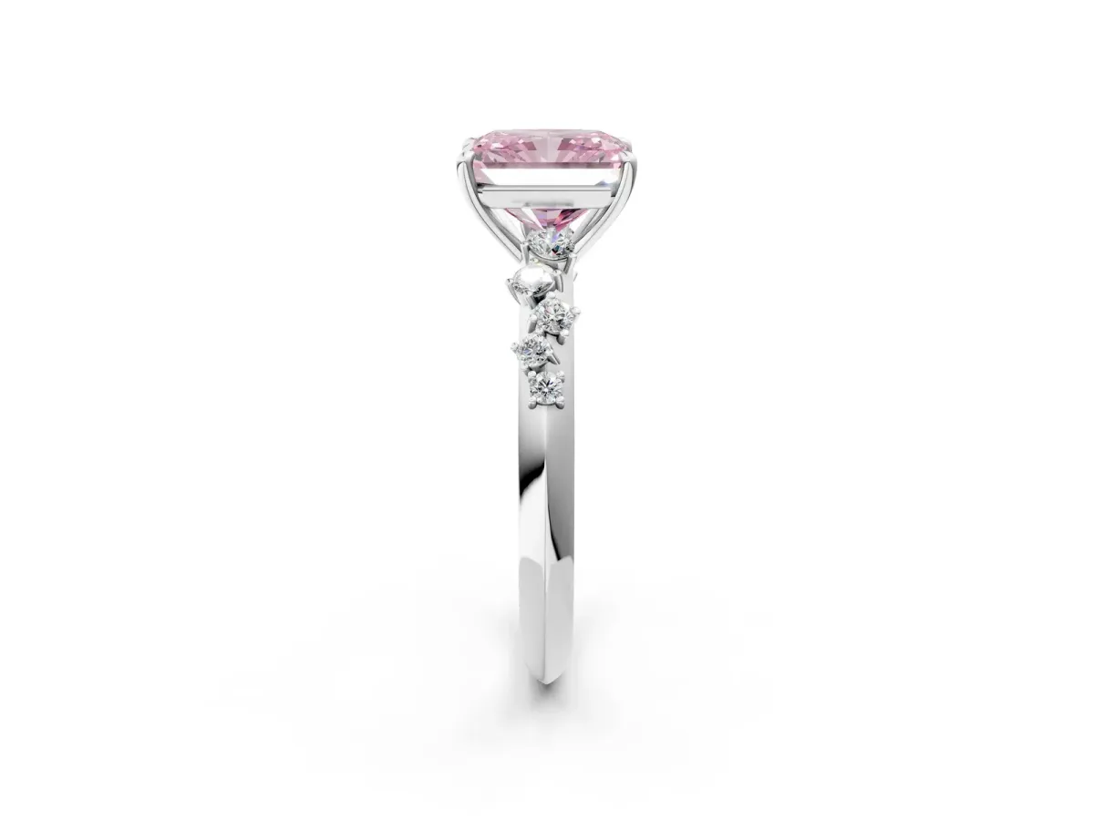 Fancy Pink Radiant Cut Diamond Cluster Side Stone Solitaire Ring with Prong Setting Platinum