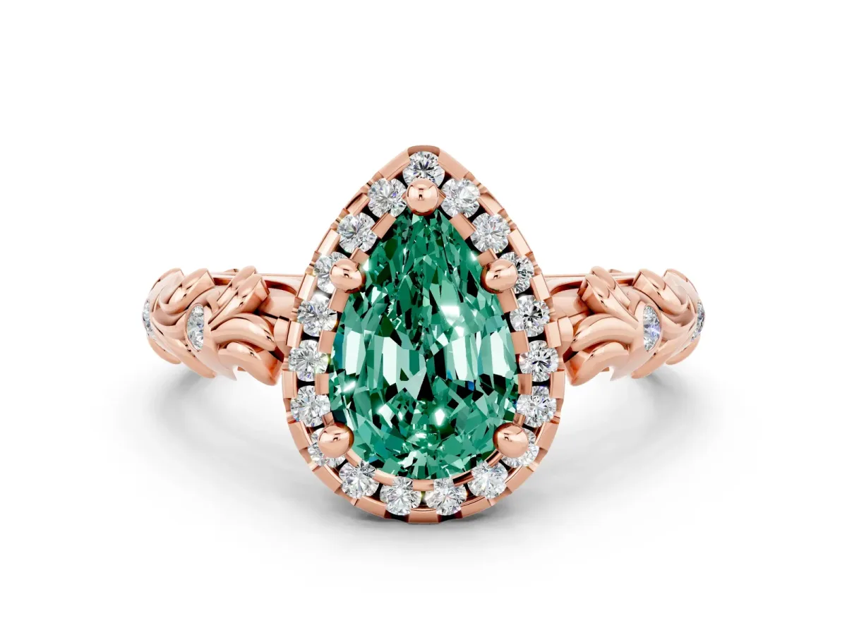 Pear Cut Green Sapphire Halo Ring with Filigree Band and Prong Setting Rose gold