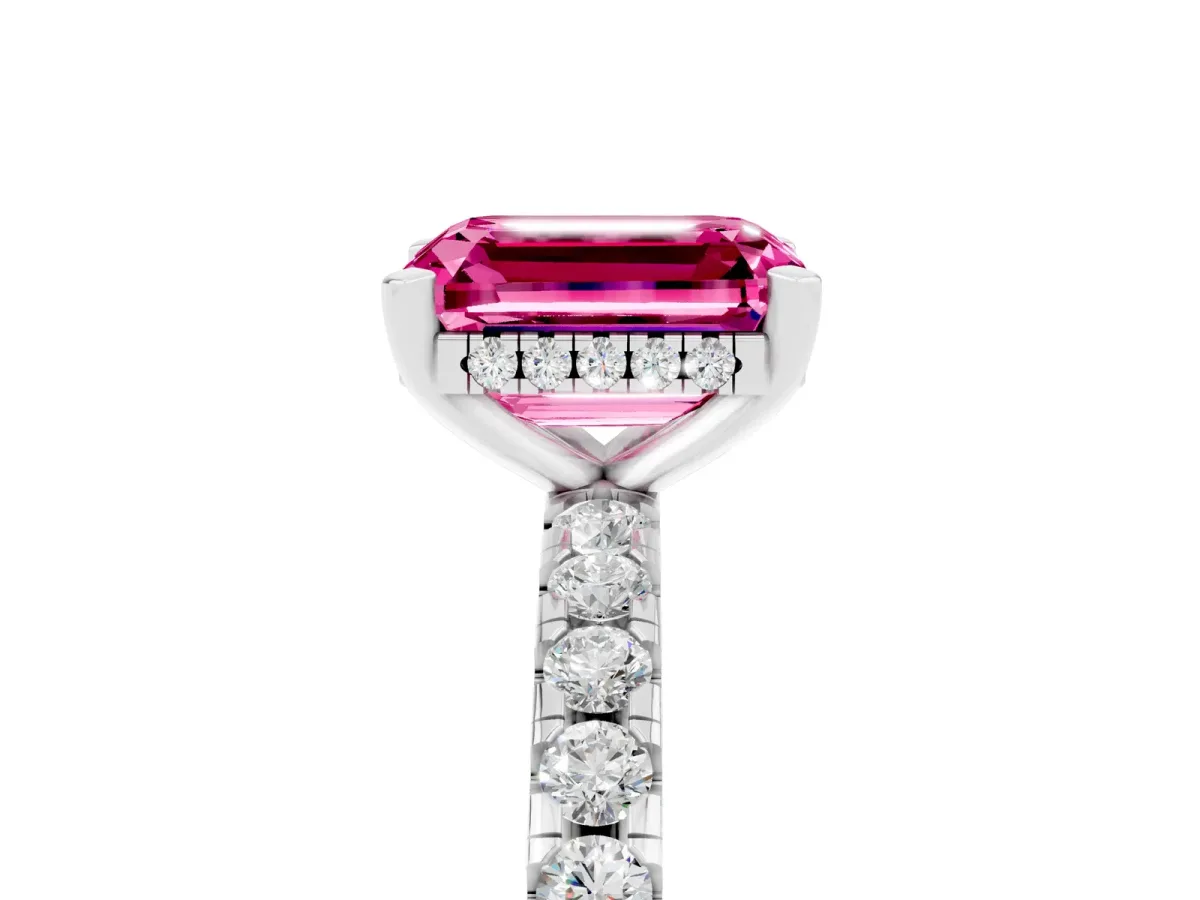 Emerald Cut Pink Sapphire Solitaire Ring with Round Pavé Band and Four-Prong Setting White gold