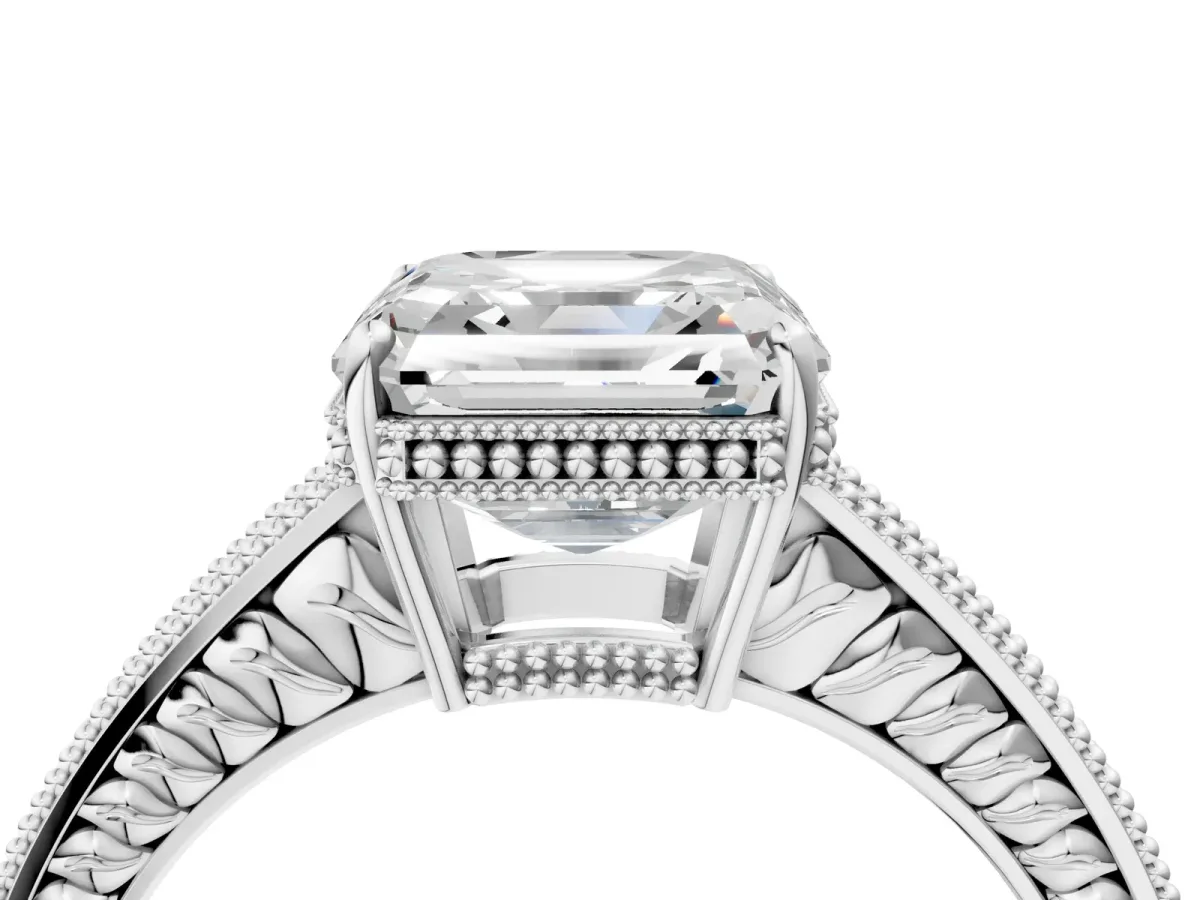 Asscher Cut Cut Diamond Milgrain Pave Band Four-Prong Setting Ring Platinum
