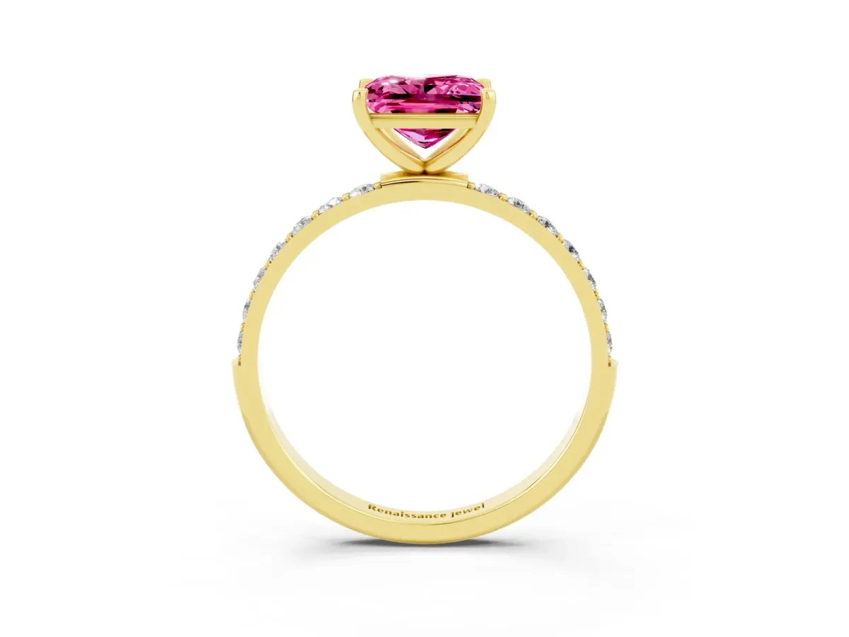 Princess Cut Pink Sapphire Solitaire Ring with Round Pavé Band and Prong Setting Yellow gold