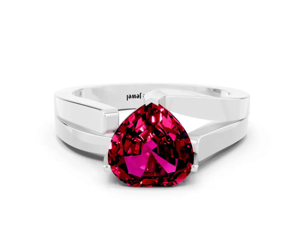 Modern Tension Set Heart Cut Garnet Solitaire Wide Band Ring Silver