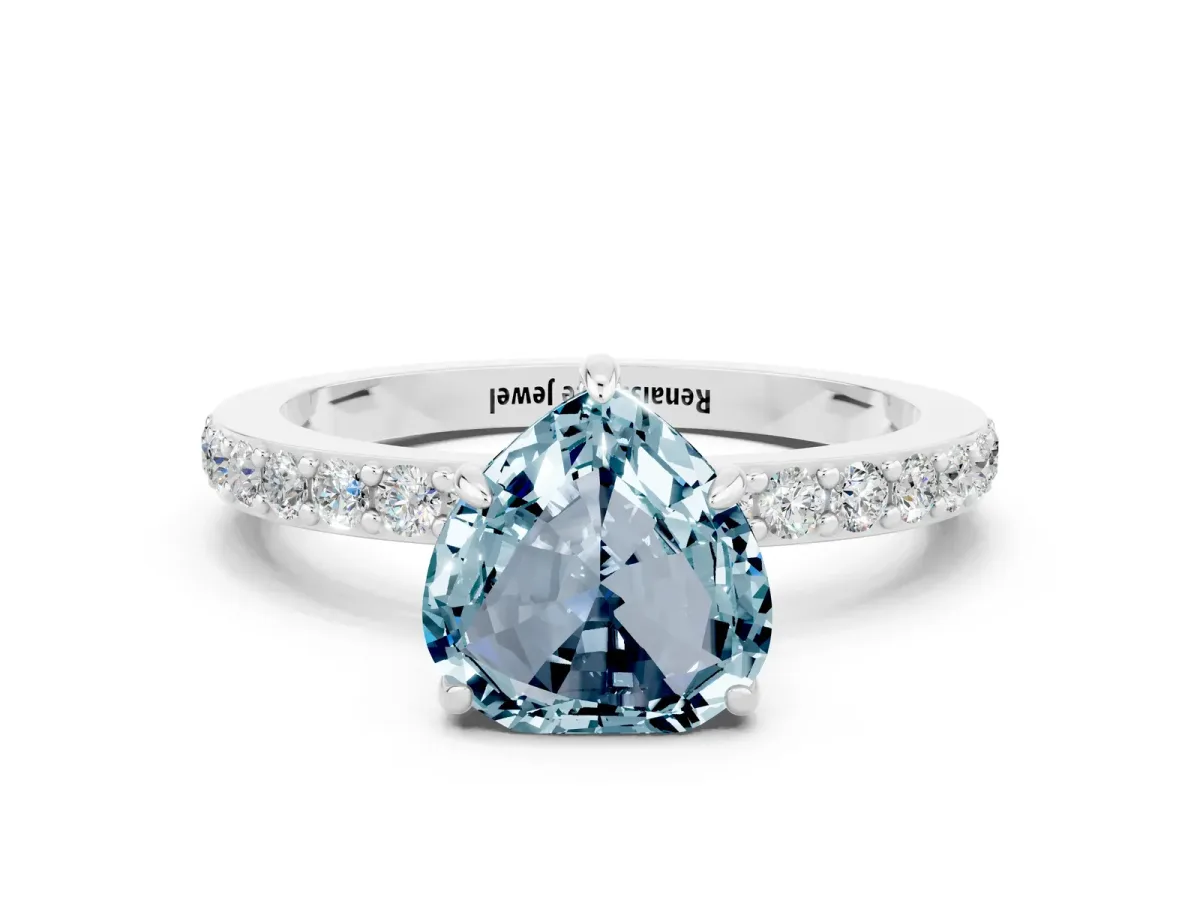 Heart Cut Aquamarine Solitaire Engagement Ring with Pavé Band and Four-Prong Setting White gold
