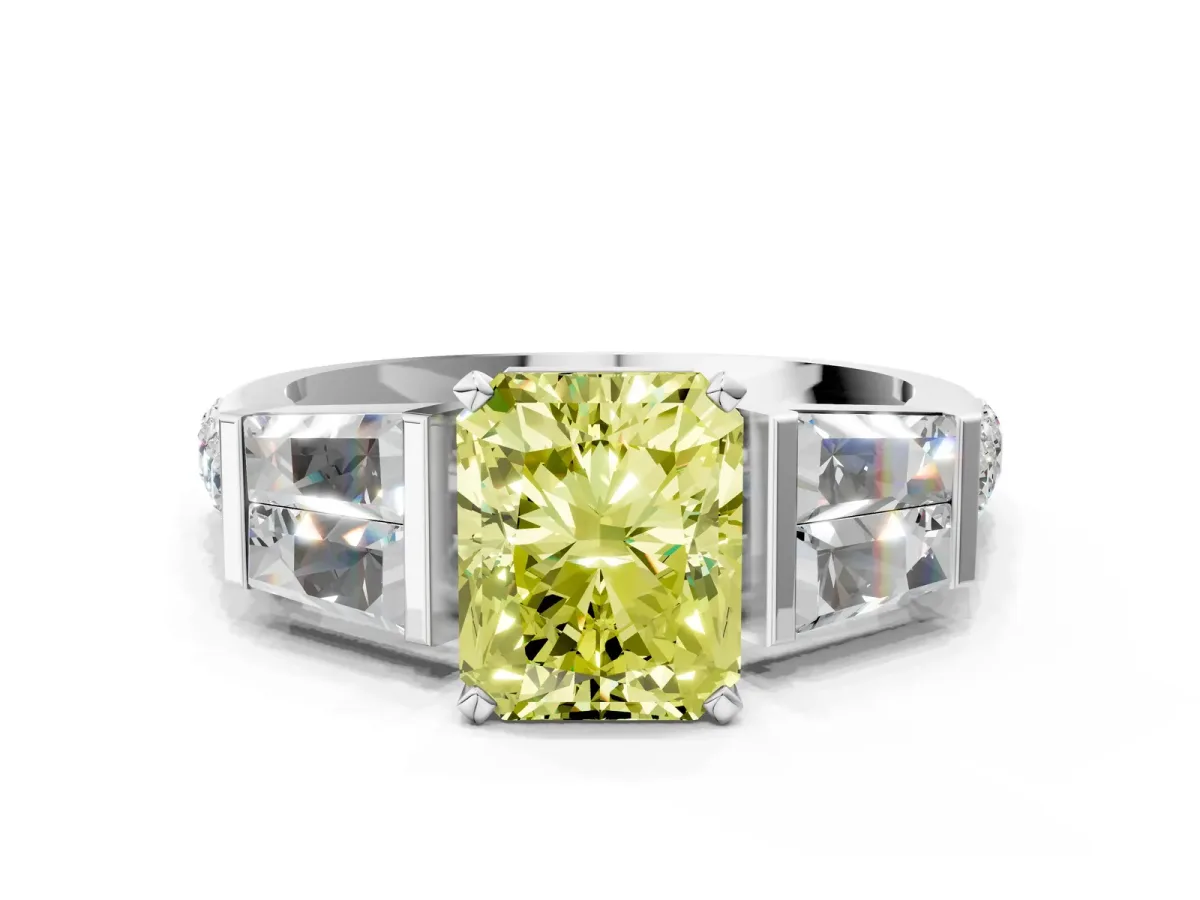 Fancy Yellow Radiant Cut Diamond Engagement Ring with Baguette Side Stones and Channel Set Band Platinum