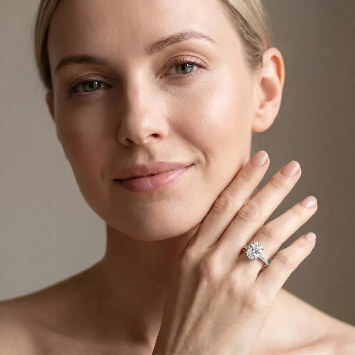 Oval Cut Diamond Solitaire Ring with Round Pavé Band and Four-Prong Setting Platinum