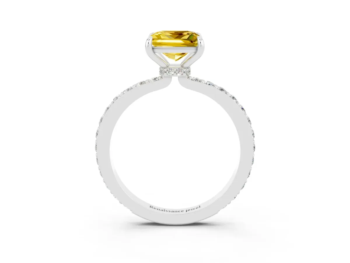 Princess Cut Yellow Sapphire Solitaire Engagement Ring with Pavé Band and Four-Prong Setting White gold