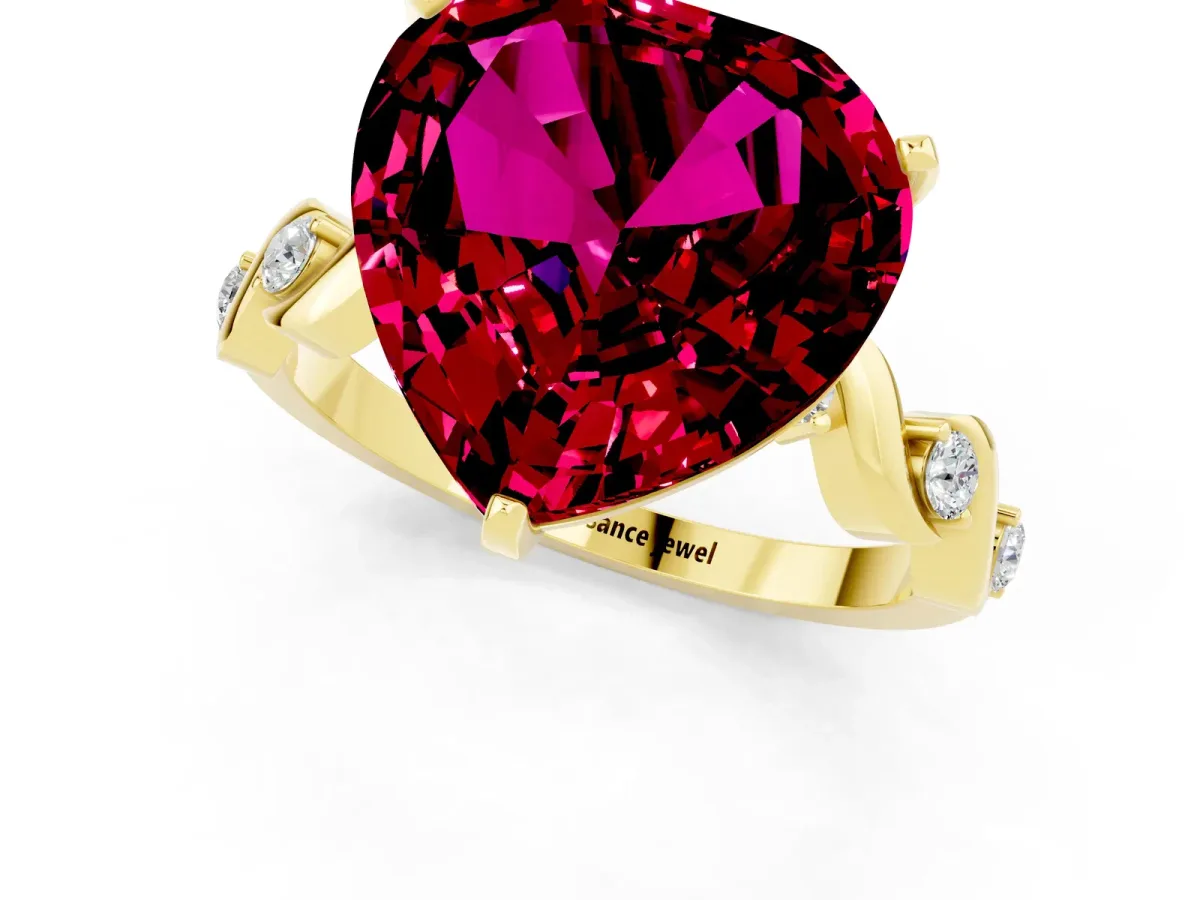 Heart Cut Garnet Solitaire Twisted Band with Round Accents and Prong Setting Yellow gold