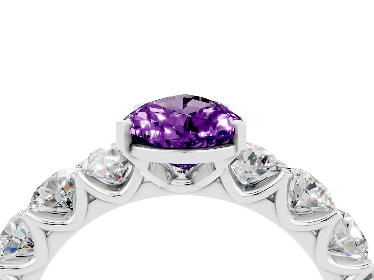 Pear Cut Amethyst Prong Setting with Side Stones on a Pave Band Platinum