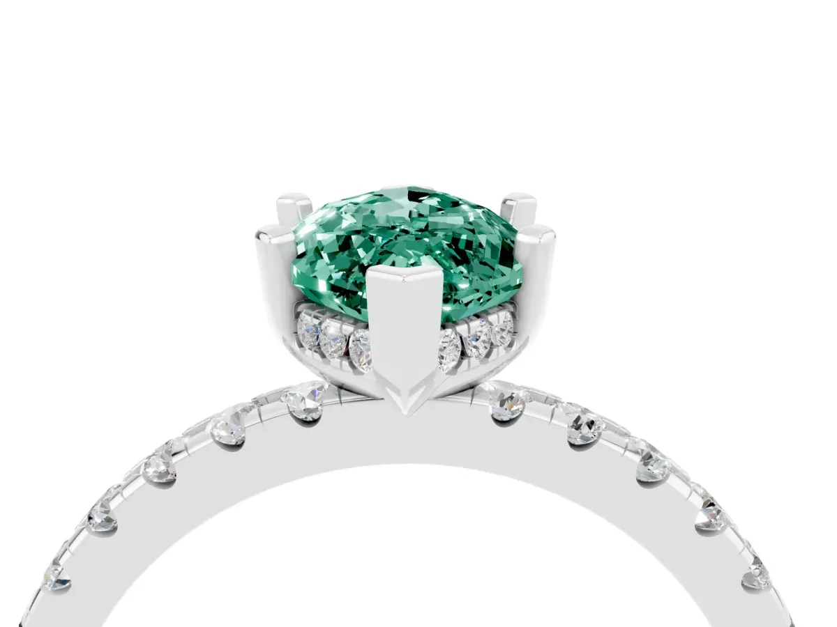 Marquise Cut Green Sapphire Solitaire Ring with Round Pavé Band and Four-Prong Setting White gold
