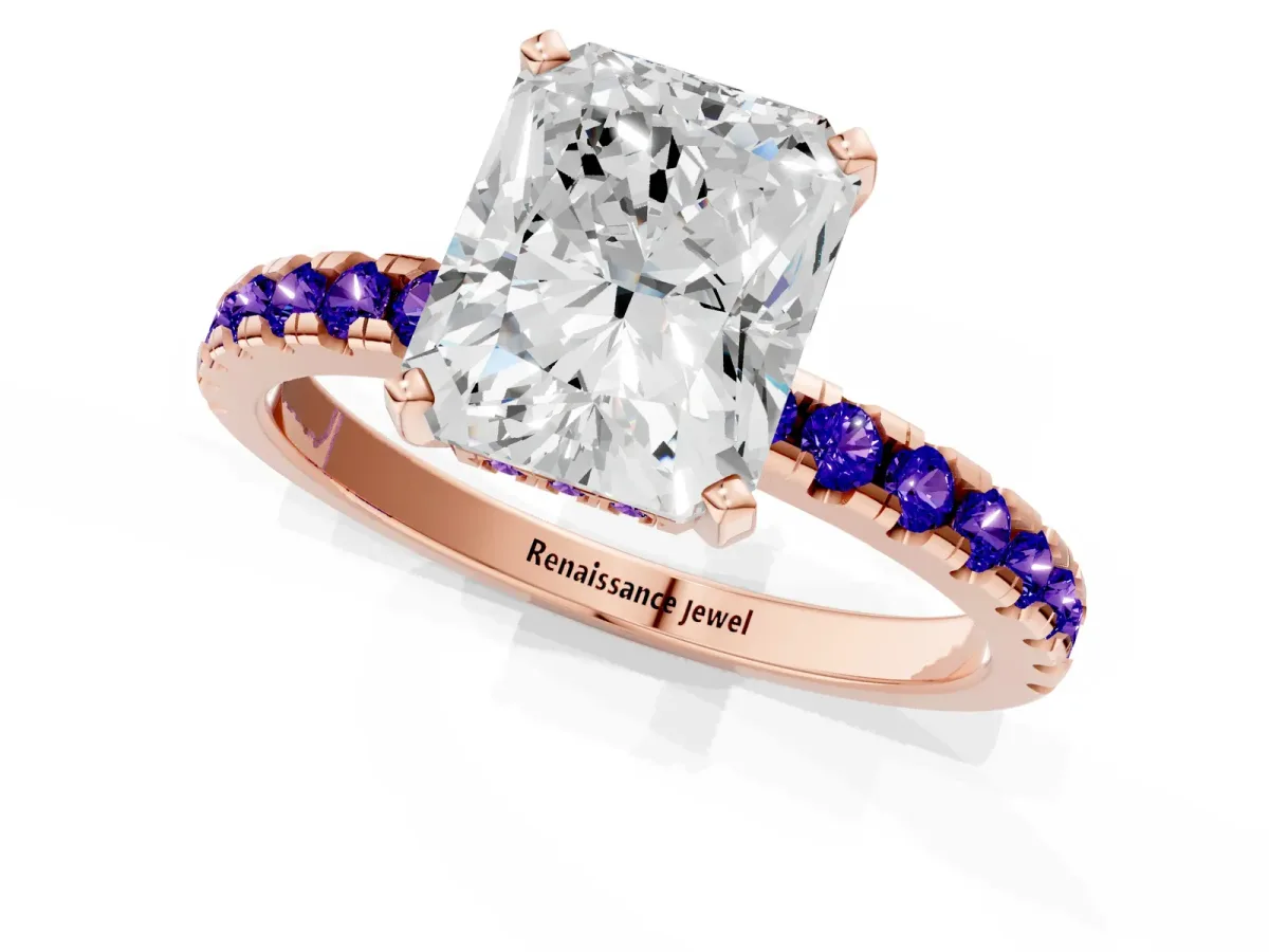 Radiant Cut Diamond Solitaire Ring with Round Tanzanite Pavé Band and Four-Prong Setting Rose gold