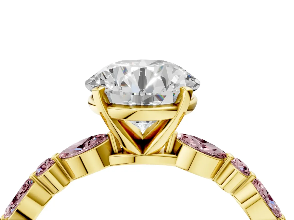 Round Cut Diamond Ring with Marquise and Round Morganite Side Stones and Four-Prong Setting Yellow gold