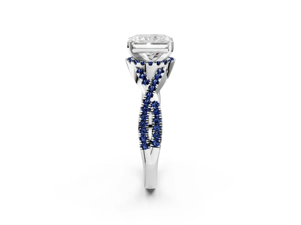 Radiant Cut Diamond Blue Sapphire Halo Twist Band Solitaire Prong Setting Ring White gold