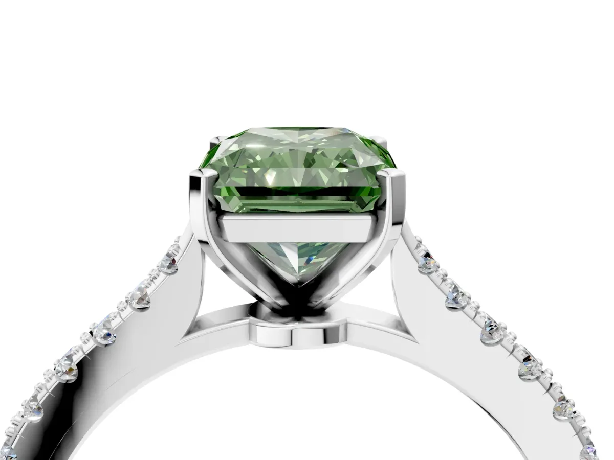 Fancy Green Radiant Cut Cut Solitaire Diamond Engagement Ring with Pave Band and Four-Prong Setting White gold